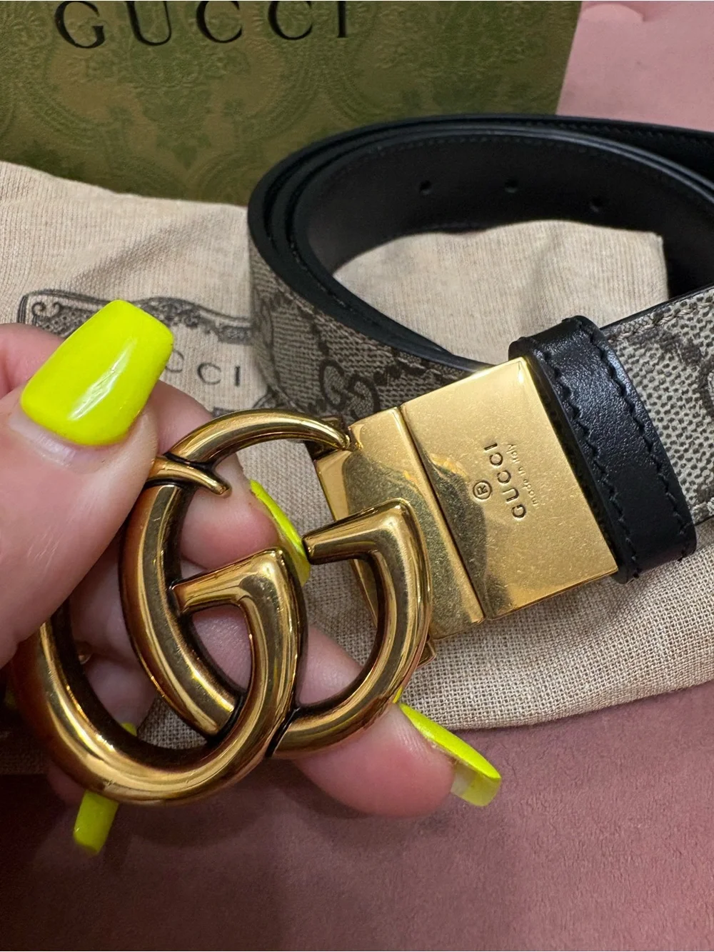 AUTHENTIC Gucci Brown GG Canvas Unisex Belt with Gold Double G Buckle